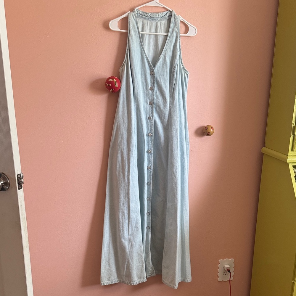 Light Blue Button-Front Midi Dress - Sleeveless V-Neck
